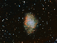M1  Crab Nebula, a remnant from the supernova of 1054 AD. Taken at home on 11/26/05. Meade RCX400 10" scope, DSI-C camera, f/3.3 focal reducer, alt/az mount.  10 seconds/frames, total time 149 minutes.