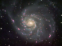 M101  Pinwheel Galaxy in Ursa Major. Taken at home on 06/04/08 and 06/06/07.  Meade RCX400 10" scope, SBIG ST-10XME camera. LRGB data taken at 180 seconds/frame. Ha data taken at 300 seconds/frame. Total time 358 minutes (LRGBHa = 120:21:21:21:175).