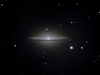 M104  Sombrero Galaxy. Taken at home on 05/22/05 and 05/26/05.  Meade LX200 GPS 8" scope, DSI-C camera. 10 seconds/image, total time 201 minutes. 2x2 drizzle with extra images in the center.