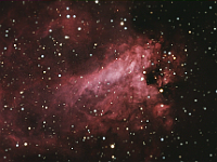 M17  Swan Nebula, also known as the Omega Nebula; and in the Southern hemisphere, the Lobster Nebula! Taken at home on 07/30/08. Meade RCX400 10" scope SBIG ST-10XME camera. 60 seconds/image, total time 44 minutes (LRGB = 23:7:7:7).