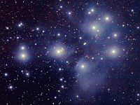 M45  The Pleiades; The Seven Sisters. Taken at home on 01/06/07, 01/09/07 and 01/10/07. Orion ED80, f/6.3 focal reducer, DSI-C camera. The image is a 3x3 mosaic (9 sectors), 10-11 frames/sector, 180 seconds/frame, total time 4.6 hours.