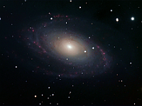 M81  Spiral galaxy in Ursa Major. Taken at home on 04/10/08, 04/11/08, and 04/17/08. Meade RCX400 10" scope, ST-10XME camera. 300 seconds/frame for L and Ha, and 120 seconds/frame for RGB. Total time 277 minutes (LRGBHa = 185:20:20:22:30). Ha picture used only to brighten the star forming regions.