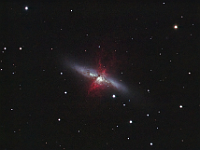 M82  Starburst galaxy in Ursa Major. Taken at home on 01/17/09.  Meade RCX400 10" scope, ST-10 XME camera.  120 seconds/frame for RGB, 300 secondes/frame for Ha.  Total time 300 minutes (HaRGB = 240:20:20:20).