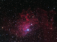 IC 405  Flaming Star Nebula. Taken at home on 12/18/11, 12/20/11, 12/22/11, and 12/23/11.  RCX400 scope, ST-10XME camera. 60 seconds/frame, total time 10 hours, 25 minutes. (LRGB=384:81:79:81). The nebula is lit by the runaway star AE Aurigae, which was flung out of Orion 2.5 million years ago due to a collision.