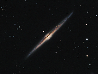 NGC 4565  Needle Galaxy Taken at home on 06/10/10 and 06/12/10. RCX400 scope, ST-10XME camera,  300 seconds/frame, total time 255 minutes (LRGB=195:20:20:20).   It is one of the largest of the edge-on galaxies.  Its position in space places it directly over the plane of our Milky Way, so that it could serve as our galaxy's pole "star".