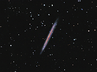 NGC 5907  Spiral Galaxy in Draco. Taken at home on 06/27/13, 06/28/13, 06/30/13. PlaneWave CDK 12.5" scope, ST-10XME camera. 300 seconds/frame, total time 6h 30m (LRGB = 195:65:65:65 minutes).