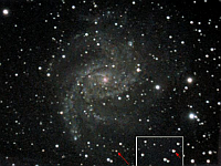 NGC 6946  NGC 6946 with supernova SN 2400et. Taken at home on 04/04/05. Meade LX200 GPS 8" scope, alt/az mount, DSI-C camera. 10 seconds/frame, total time 54 minutes. The inset shows another picture taken with the DSI camera on 12/16/04. The supernova had dimmed considerably by 04/04/05.