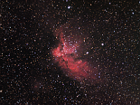 NGC 7380  The Wizard Nebula, an open cluster and nebula in Cepheus. Taken at home on 09/01/08, 09/03/08, and 09/05/08. Orion ED80 scope, ST-10XME camera. 120 seconds/frame, total time 540 minutes (HaRGB=300:80:80:80).   The wizard's head is a dark pointy area towards the top left of the nebula. There is a very small bright bluish "bubble" near the wizard's mouth. In the center is a Wolf-Rayet star that is responsible for creating the bubble.
